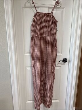 Sincerely Jules MED Sleeveless Smocked Jumpsuit Red/Ivory Gingham Check NWT